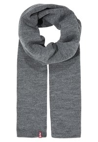 Écharpe en laine grise tricotée, pliée en boucle avec une petite étiquette rouge Levi's à une extrémité, posée à plat sur un fond blanc.