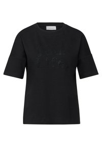 Camiseta negra de mangas cortas con cuello redondeado y texto brillante que dice "construye tu vida" en diferentes estilos y tamaños.
