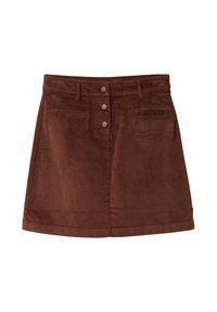 Ruskea sametihame, jossa on tiukka malli, kolme etu nappia, kaksi sivutaskua ja suora helma.