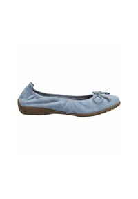 Ballet flat in suede azzurro chiaro con punta rotonda, dettaglio a fiocco decorativo e suola in gomma marrone per una buona aderenza. Texture liscia con cuciture sottili.