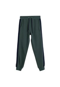 Sweatpants met een donkergroene stof en marineblauwe zijpanelen. Voorzien van een elastische tailleband met trekkoorden, twee zijzakken en geribbelde manchetten.