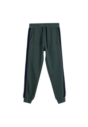 Pantalones de chándal con un cuerpo verde oscuro y paneles laterales en azul marino. Cuenta con una cintura elástica con cordones, dos bolsillos laterales y puños acanalados.