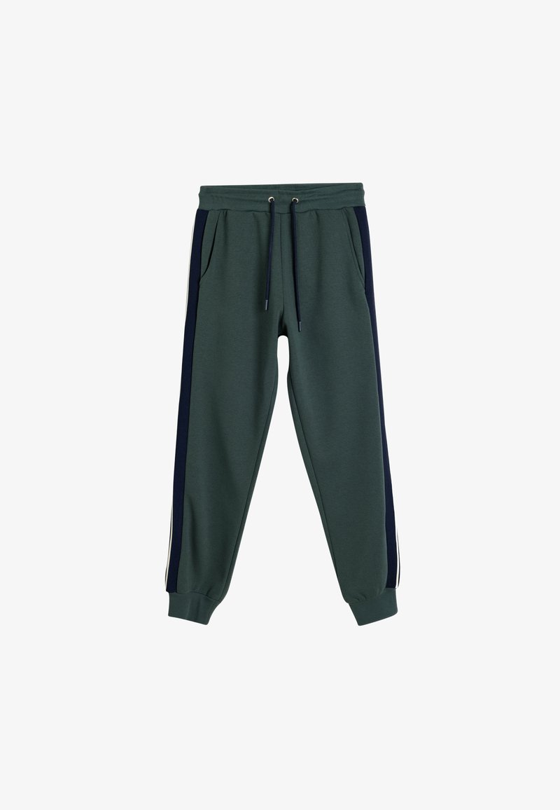 Sweatpants met een donkergroene stof en marineblauwe zijpanelen. Voorzien van een elastische tailleband met trekkoorden, twee zijzakken en geribbelde manchetten.