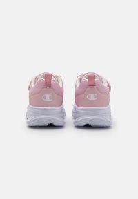 Pink athletic shoes with a textured mesh upper, white accents, and a cushioned white sole. Features a logo on the heel and a pull tab.