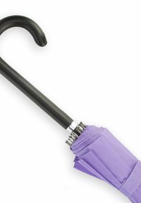 Purple folding umbrella with a black curved handle, metal frame, and a textured fabric canopy showing pleated sections and silver accents.