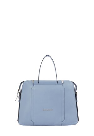 Borsa in pelle azzurro chiaro con un manico superiore singolo, cerniere laterali e un piccolo logo metallizzato del marchio al centro anteriore.