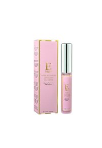 Błyszczyk w przezroczystej tubce z srebrną zakrętką, obok różowego pudełka. Etykieta z napisem "Rose Blossom Lip Gloss Plumper" w złotych literach.