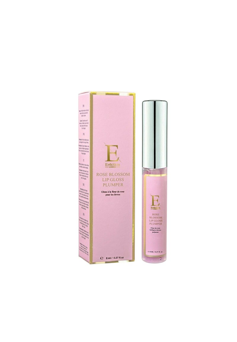 Błyszczyk w przezroczystej tubce z srebrną zakrętką, obok różowego pudełka. Etykieta z napisem "Rose Blossom Lip Gloss Plumper" w złotych literach.