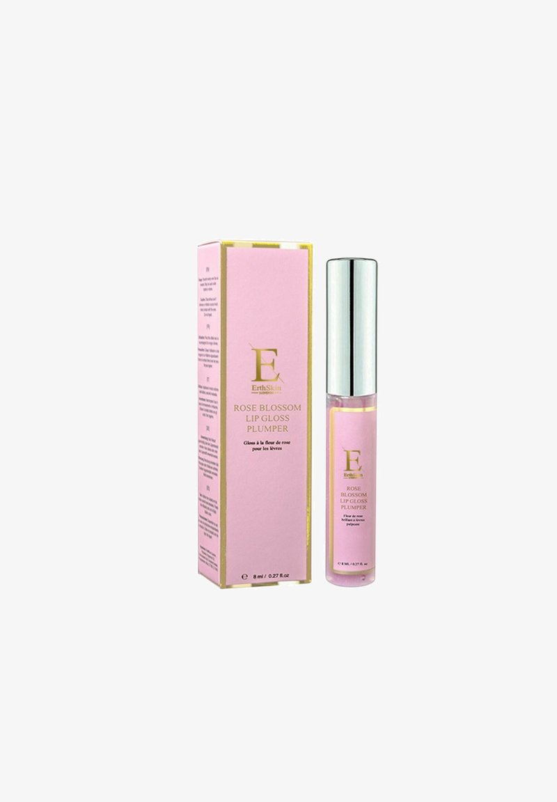 Błyszczyk w przezroczystej tubce z srebrną zakrętką, obok różowego pudełka. Etykieta z napisem "Rose Blossom Lip Gloss Plumper" w złotych literach.