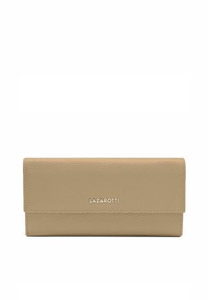 Portefeuille en cuir beige avec une finition texturée, doté d'une fermeture à rabat et du nom de marque embossé "LAZAROTTI" à l'avant. Design rectangulaire compact.