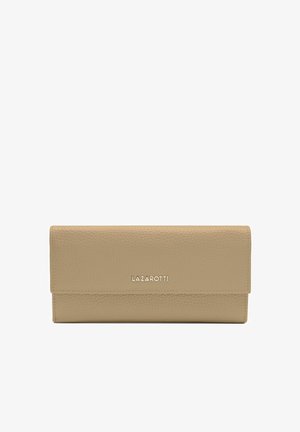 Beige leren portemonnee met een gestructureerde afwerking, beschikt over een flapsluiting en het ingedrukte merk "LAZAROTTI" op de voorkant. Compact rechthoekig ontwerp.