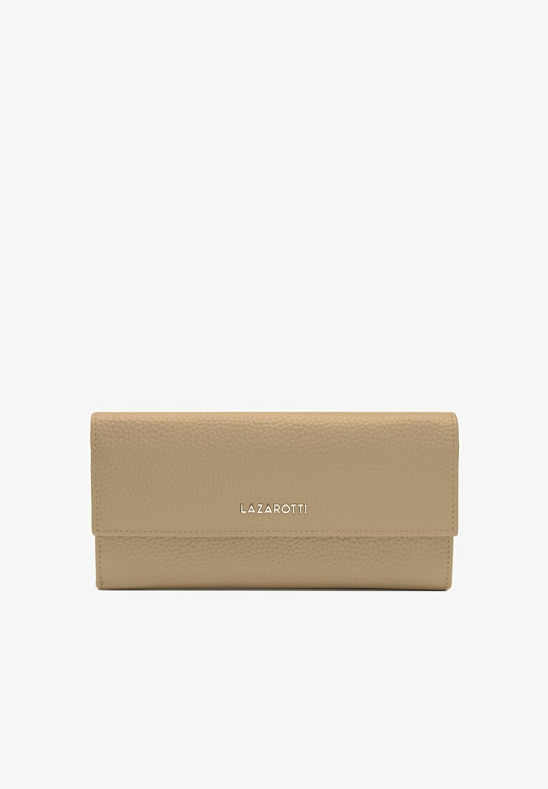 Beige leren portemonnee met een gestructureerde afwerking, beschikt over een flapsluiting en het ingedrukte merk "LAZAROTTI" op de voorkant. Compact rechthoekig ontwerp.