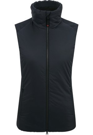 Veste sans manches noire matelassée avec col montant et fermeture éclair à l'avant, s'étendant de l'ourlet jusqu'au haut du col.