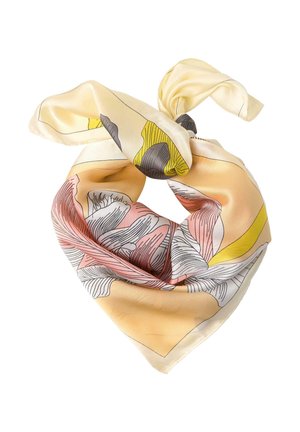 Sifonkihuivi, jossa on abstrakteja kukka- ja geometrisia kuvioita kermanvalkoisina, persikanvärisinä, keltaisina, vaaleanpunaisina ja harmaina, löyhästi taiteltuna solmulla.
