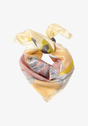 Sifonkihuivi, jossa on abstrakteja kukka- ja geometrisia kuvioita kermanvalkoisina, persikanvärisinä, keltaisina, vaaleanpunaisina ja harmaina, löyhästi taiteltuna solmulla.