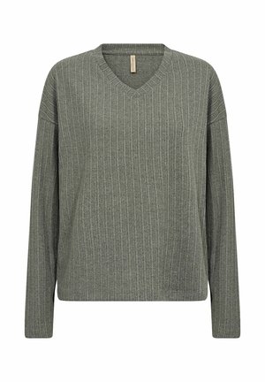 V-neck sweater in textured, ribbed knit fabric. Color: muted olive green. Long sleeves with dropped shoulders. Simple, straight cut.