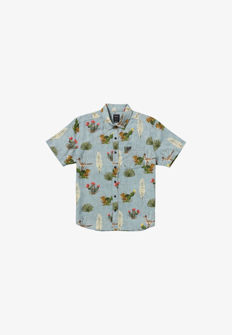 Krátký rukáv, košilové triko z světle modré látky s potiskem kaktusů a zvířat. Obsahuje našitou kapsu a klasický design límce.