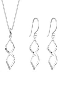 Sølv smykkesæt med spiralformet pendant halskæde og matchende dangle øreringe, der fremhæver polerede metaloverflader og et strømlinet design.