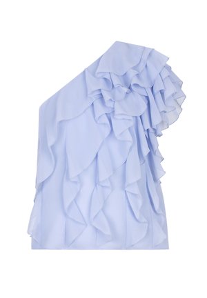 Rüschen-Oberteil mit einem Schulterriemen in Hellblau, bestehend aus geschichteten Chiffonstoffen mit weicher Textur und asymmetrischem Design.