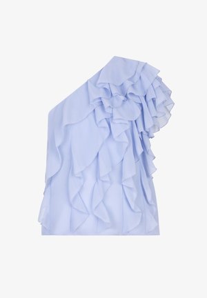 Ruffled one-shoulder top in light blue, featuring layered chiffon fabric with a soft texture and asymmetrical design.
