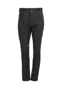 Svarta multifunktionella utomhusbyxor med blixtlåsfickor, justerbara midjeband, förstärkta knän och en liten logotyp på vänster lår.