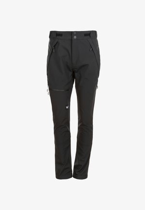Black multifunctional outdoor pants with zipper pockets, adjustable waist tabs, reinforced knees, and a small logo on the left thigh.