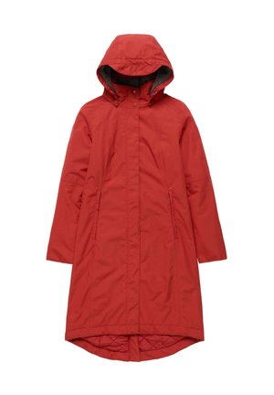 Cappotto lungo rosso con cappuccio, dotato di chiusure a scatto frontali e due tasche laterali. Esterno liscio con fodera interna trapuntata.