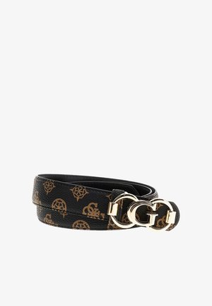 Ceinture en cuir noir avec un motif de logo répétitif en marron, dotée d'une boucle à double anneau dorée brillante et d'une finition texturée.