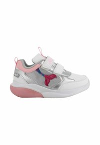 Sneaker bianco con accenti rosa, dettagli in argento, doppie fibbie in velcro e un design colorato di coda di sirena; suola testurizzata per una migliore aderenza.