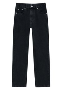 Jean en denim noir à coupe droite, poches avant et fermeture à bouton unique. Le matériau présente une légère texture avec une usure minimale.