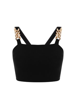 Must mustriga mustsärk, millel on sobiv disain, kuldsete ahelate aktsentidega rihmad ja sile tekstuur.