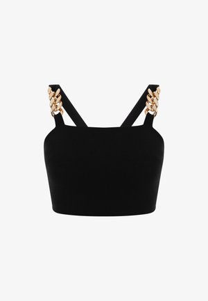 Must mustriga mustsärk, millel on sobiv disain, kuldsete ahelate aktsentidega rihmad ja sile tekstuur.