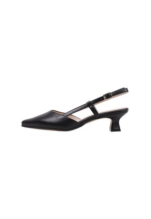 Escarpin noir en cuir à talon ouvert avec un bout pointu, une fine sangle ajustable et un petit talon épais. Fini lisse avec un minimalisme dans les détails.