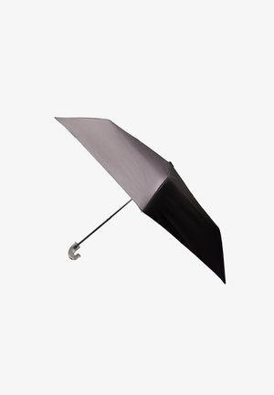 Złożony czarno-szary kompaktowy parasol z zakrzywioną szarą rączką, pokazany otwarty na białym tle.