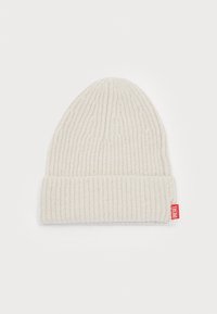 Knit kapica u boji off-white, s rebrastom teksturom, preklopnim rubom i malom crvenom oznakom Diesel s strane.
