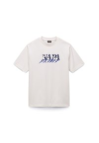 Weißes Baumwoll-T-Shirt mit einem blauen Grafikdruck und dem Schriftzug "NAPA" in stilisierten Buchstaben, kurzen Ärmeln und lockerem Schnitt.