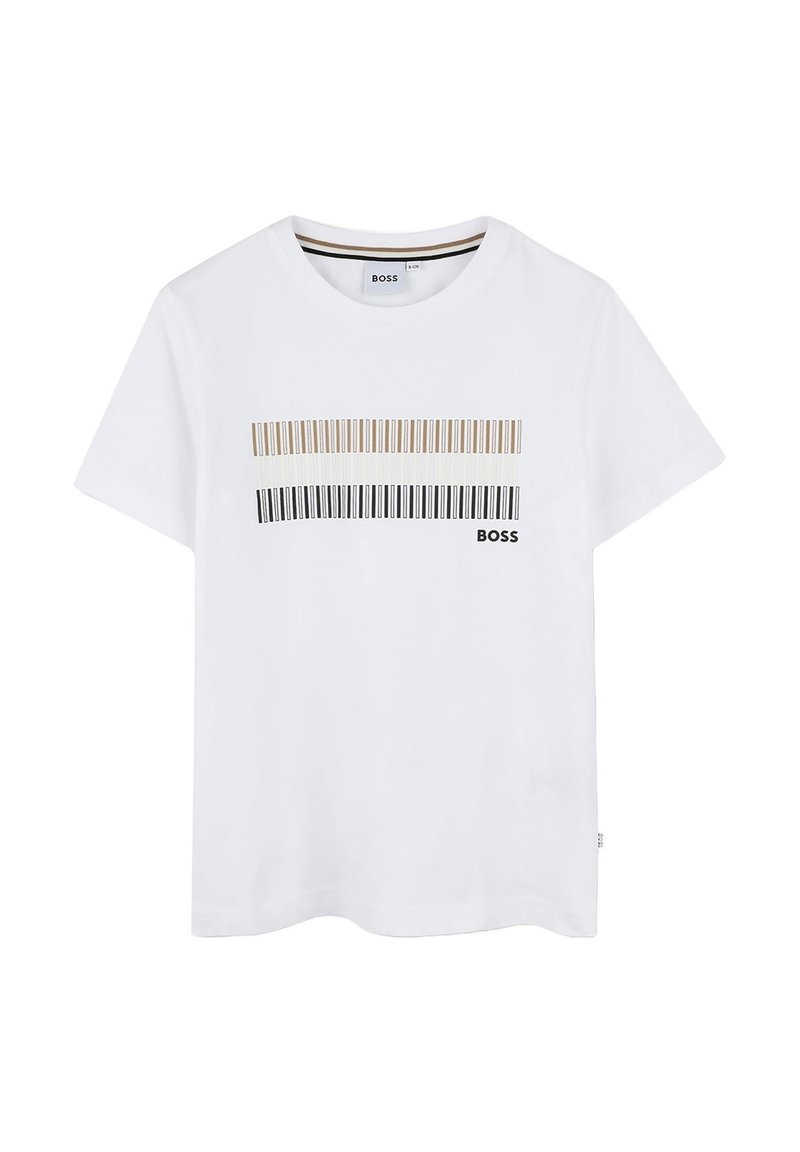 T-shirt bianco in cotone con righe orizzontali beige e nere, con "BOSS" stampato in nero sotto le righe. Collo rotondo classico.