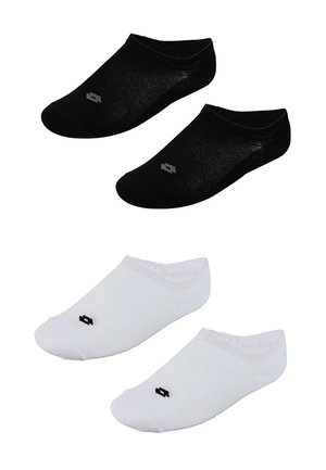 Zwei Paare niedrig geschnittener Knöchelsocken, ein Paar schwarz und ein Paar weiß, jeweils mit einem kleinen schwarzen Logo nahe dem Zehenbereich.