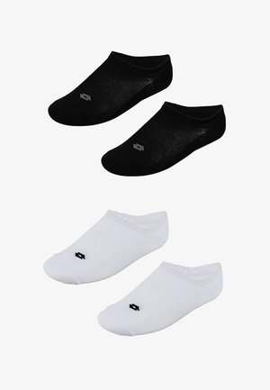 Deux paires de chaussettes basses pour chevilles, une paire noire et une paire blanche, chacune avec un petit logo noir près de la zone des orteils.