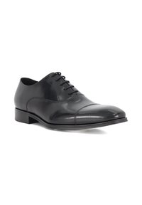 Black leather dress shoe with a smooth finish, rounded toe, six eyelets for laces, and a low square heel. Clean, classic design.