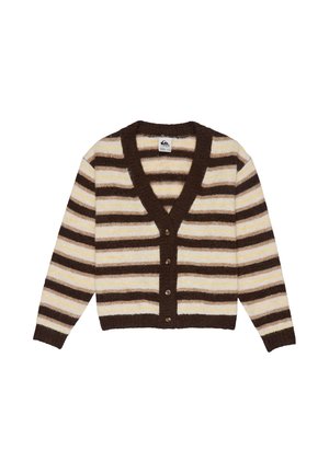 Gestreifter Cardigan aus weichem Strick, mit braunen, cremefarbenen und senfgelben Streifen. V-Ausschnitt mit fünf Knopfverschlüssen und gerippten Bündchen.