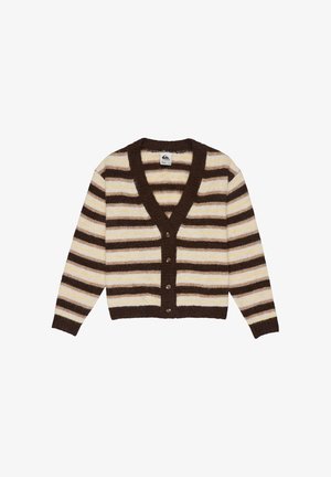 Gestreifter Cardigan aus weichem Strick, mit braunen, cremefarbenen und senfgelben Streifen. V-Ausschnitt mit fünf Knopfverschlüssen und gerippten Bündchen.