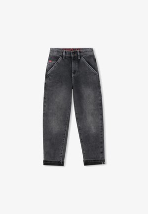 Svarta jeans i denim med en blekt finish, utrustade med knapp- och blixtlåsförslutning, bälteshällor och uppvikta muddkanter. Tre fickor med kontrasterande sömmar.
