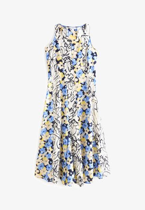 Mouwloze A-lijn jurk met blauw, geel en crèmekleurige bloemen en abstracte zwarte lijnpatronen op een witte achtergrond.