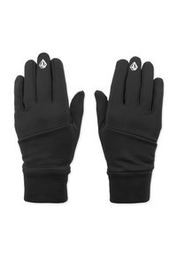 Gants isolés noirs avec des poignets en polaire et un logo blanc sur l'index de chaque gant, affichés paumes vers le bas et côte à côte.