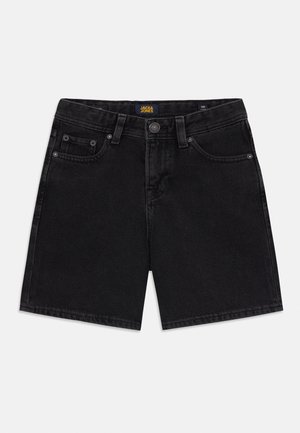 Calças de ganga pretas de corte reto, com design de cinco bolsos, acessórios de metal e uma textura ligeiramente desgastada. Apresenta uma etiqueta de marca na cintura.
