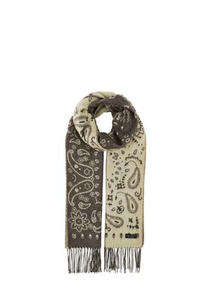 Scarf with paisley patterns in beige and brown, fringed ends, folded in a loop with a fabric brand label near one end.