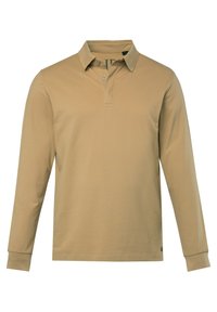 Langarm-Polohemd in hellem Beige mit Kragen, zwei Knöpfen und dezentem Logo-Detail am Saum. Weicher Baumwollstoff, reguläre Passform.