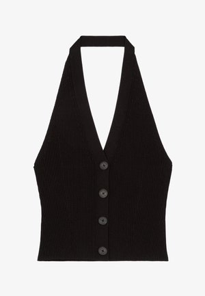 Top smanicato a coste nero con scollatura a V profonda e quattro bottoni frontali che si estendono lungo il centro.