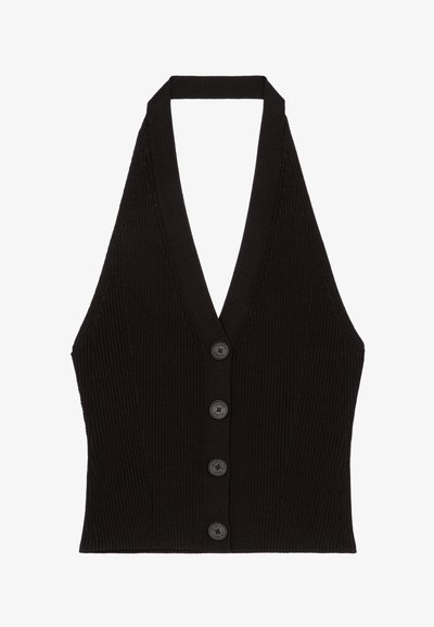Schwarzes geripptes, ärmelloses Halftertop mit tiefem V-Ausschnitt und vier vorderen Knöpfen, die die Mitte entlang verlaufen.